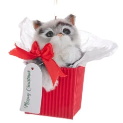 Kurt Adler Grey Furry Cat In Gift Box Ornament