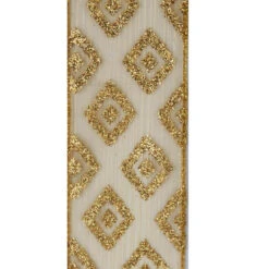 Kurt Adler Sheer Gold With Gold Glittered Diamond Patterned Double Wire Ribbon